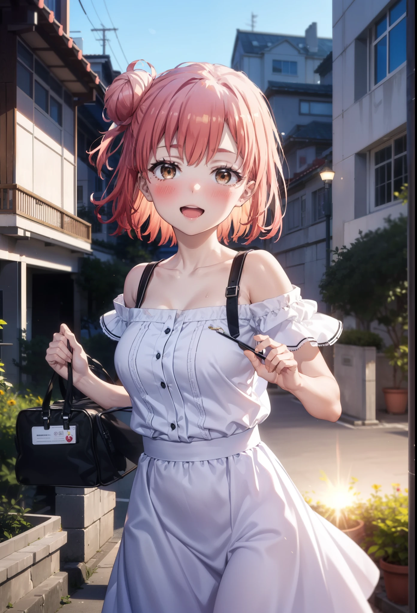 yuiyuigahama, yui yuigahama, short hair, (Brown eyes:1.5), (Pink Hair:1.2), Hair Bun, Big Breasts,single Hair Bun, happy smile, smile, Open your mouth,Cord off-shoulder top,Short sleeve,Long skirt,Stiletto heels,morning,morning陽,The sun is rising,walk,whole bodyがイラストに入るように,morning,morning陽,The sun is rising,On the way to school,
break outdoors, School,School building,
break looking at viewer, whole body,
break (masterpiece:1.2), highest quality, High resolution, unity 8k wallpaper, (shape:0.8), (Beautiful details:1.6), Highly detailed face, Perfect lighting, Highly detailed CG, (Perfect hands, Perfect Anatomy),