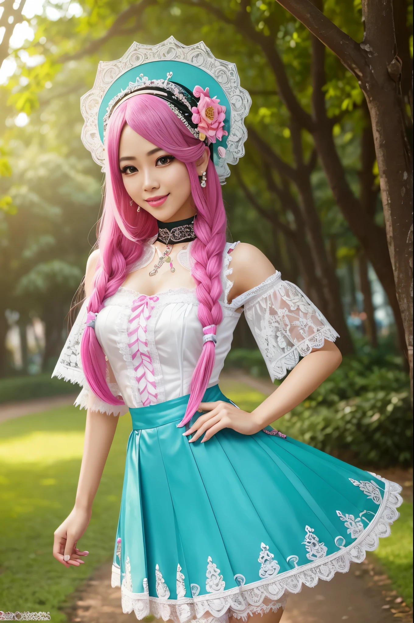 sexy stylish Thai model, only 1 female, long neon pink stylish hair, very detailed Victorian-Style boots, (big smile), very detailed eyes, lipgloss, long lashes, defined eyebrows, ((sexy Paradise Kiss cosplay)), bell-shaped skirt, petticoats, high neckline, puffed sleeves, (( very detailed lace)), ((very detailed embroidery)), intricate details, Paradise Kiss accessoires and matching headpiece, choker, ((large sparkling Paradise Kiss jewelry)), cinematic light, detailed large park background with trees 