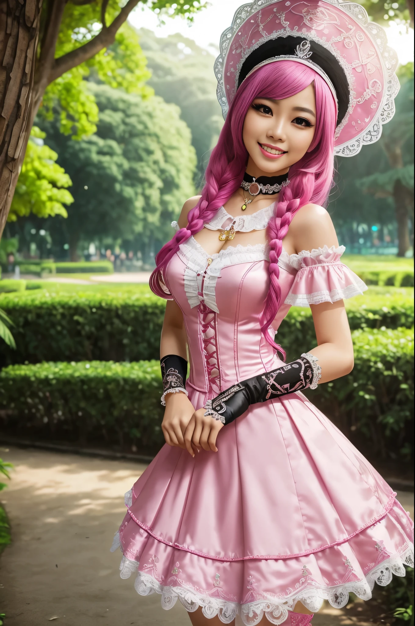 sexy stylish Thai model, only 1 female, long neon pink stylish hair, very detailed Victorian-Style boots, (big smile), very detailed eyes, lipgloss, long lashes, defined eyebrows, ((sexy Paradise Kiss cosplay)), bell-shaped skirt, petticoats, high neckline, puffed sleeves, (( very detailed lace)), ((very detailed embroidery)), intricate details, Paradise Kiss accessoires and matching headpiece, choker, ((large sparkling Paradise Kiss jewelry)), cinematic light, detailed large park background with trees 