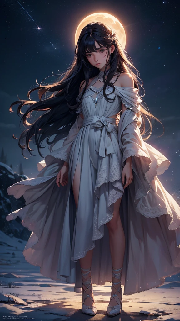a beautiful night sky, full moon, moonlight, twinkling stars, 1girl down from the sky, long dark hair, dreamy expression, soft lighting, muted colors, atmospheric, cinematic, hyper detailed, intricate, photorealistic, masterpiece, 8k, full body