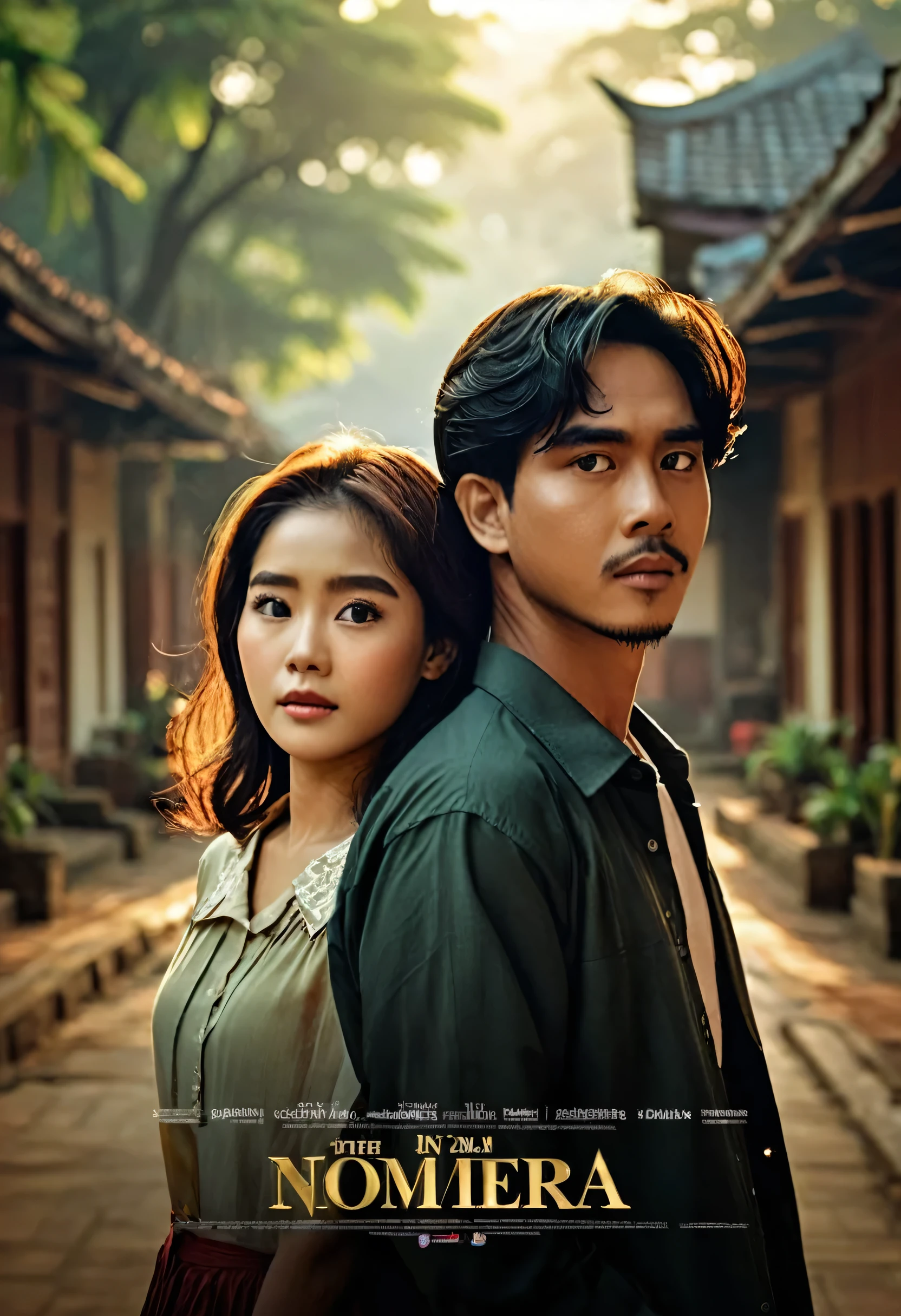 The image shows an Indonesian drama film poster, should consist of four couple, dynamic scene, looks like a campus, looking forward, looks like a movie scene, 32K ultra HD, ultra realistic photo, intricate details, soft lighting, masterpiece, award