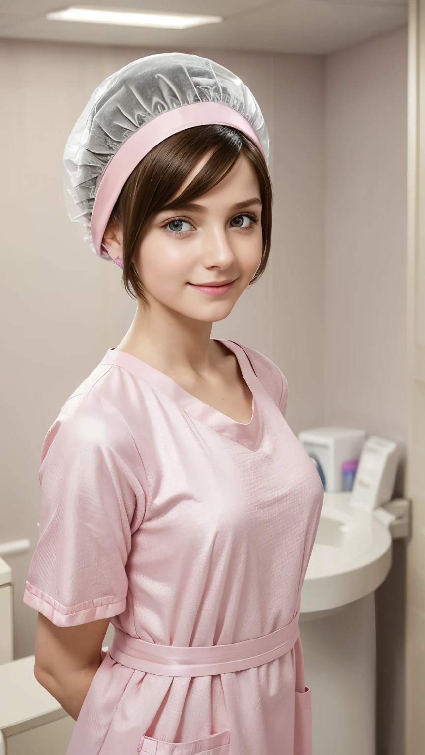 Ultra realistic, pediatric girl patient,   young german girl, 10 years old,  ,  Beautiful, detailed face, detailed eyes, (realistic skin:1.3), (pale skin:1.1), (textured skin:1.3), (()), big smile, (iphone photograph), (perfect small breasts:1.1), ), (artificial lighting:1.3),  standing in medical changing room,  beautiful face, big eyes, big smile, detailed face,  wears pink patient gown , putting long patient gown on,  back-tied pink patient gown, female  figure, high closed crew-neck, bokeh, all wearing large  pink bouffant cap , , large surgical bouffant cap covering hair and ears, ultra-short  hair fully covered by nylon shower cap, no hair tails, standing in hospital room