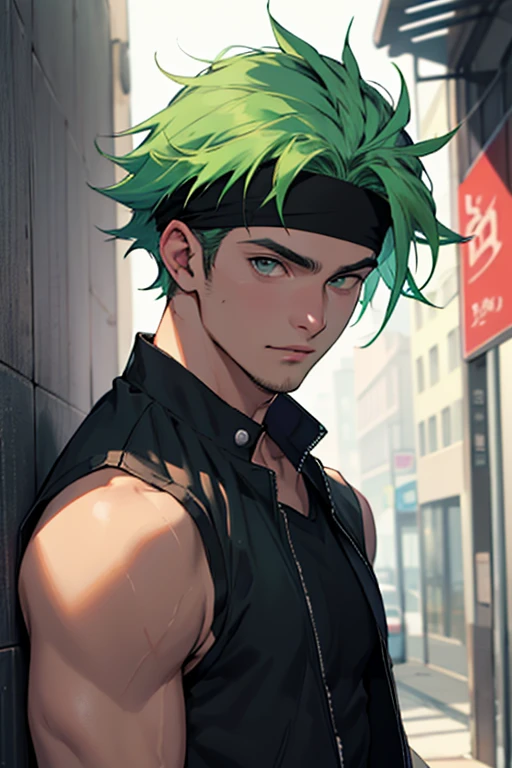 ((melhor qualidade)), ((Obra de arte)), (detalhado), perfect face a man with green hair a headband and a black sleeveless jacket with a black shirt underneath