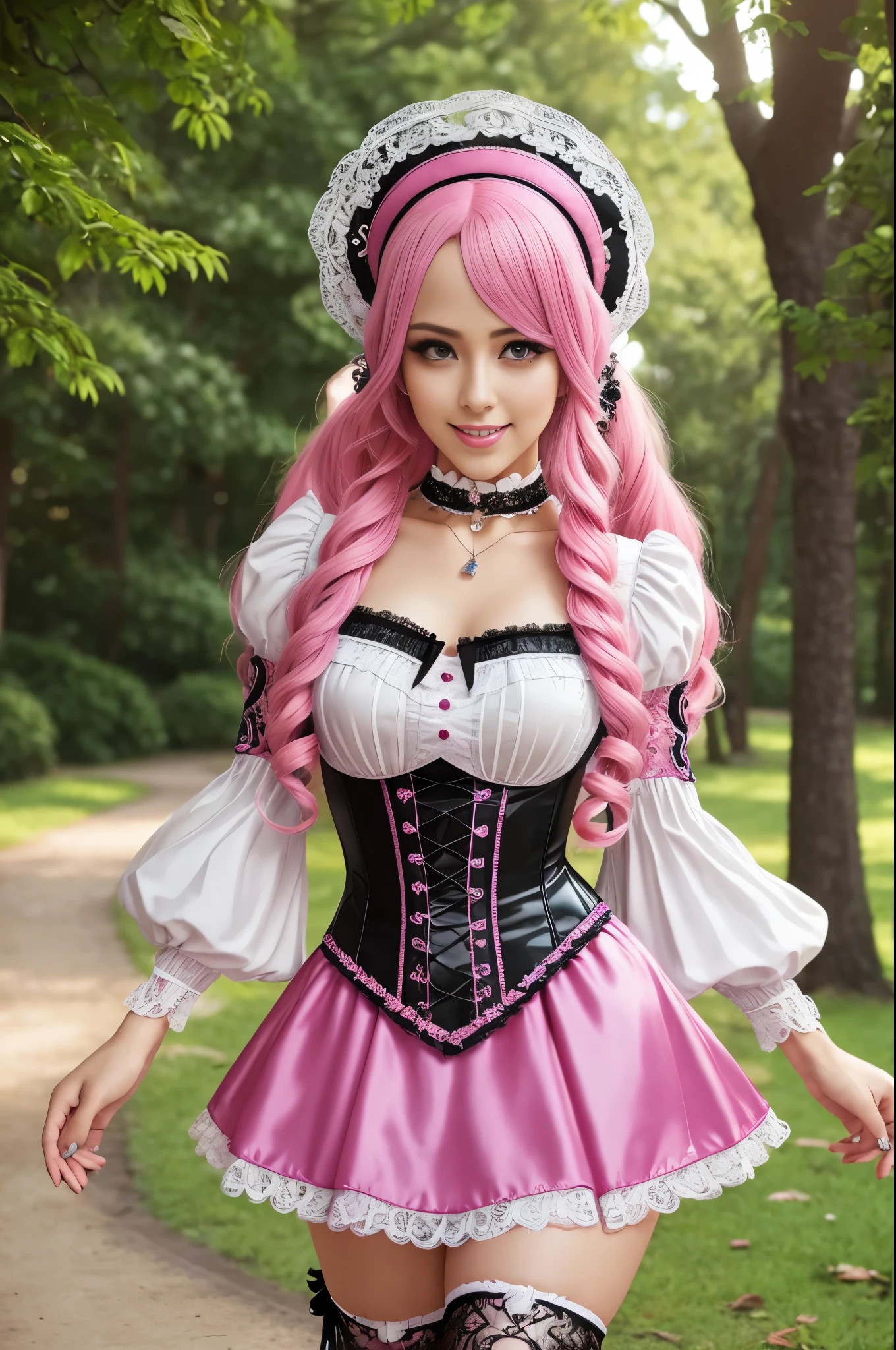 sexy stylish Swedish model, only 1 female, long neon pink stylish hair, very detailed Victorian-Style boots, (big smile), very detailed eyes, lipgloss, long lashes, defined eyebrows, ((sexy Paradise Kiss cosplay)), bell-shaped skirt, petticoats, high neckline, puffed sleeves, (( very detailed lace)), ((very detailed embroidery)), intricate details, Paradise Kiss accessoires and matching headpiece, choker, ((large sparkling Paradise Kiss jewelry)), cinematic light, detailed large park background with trees 