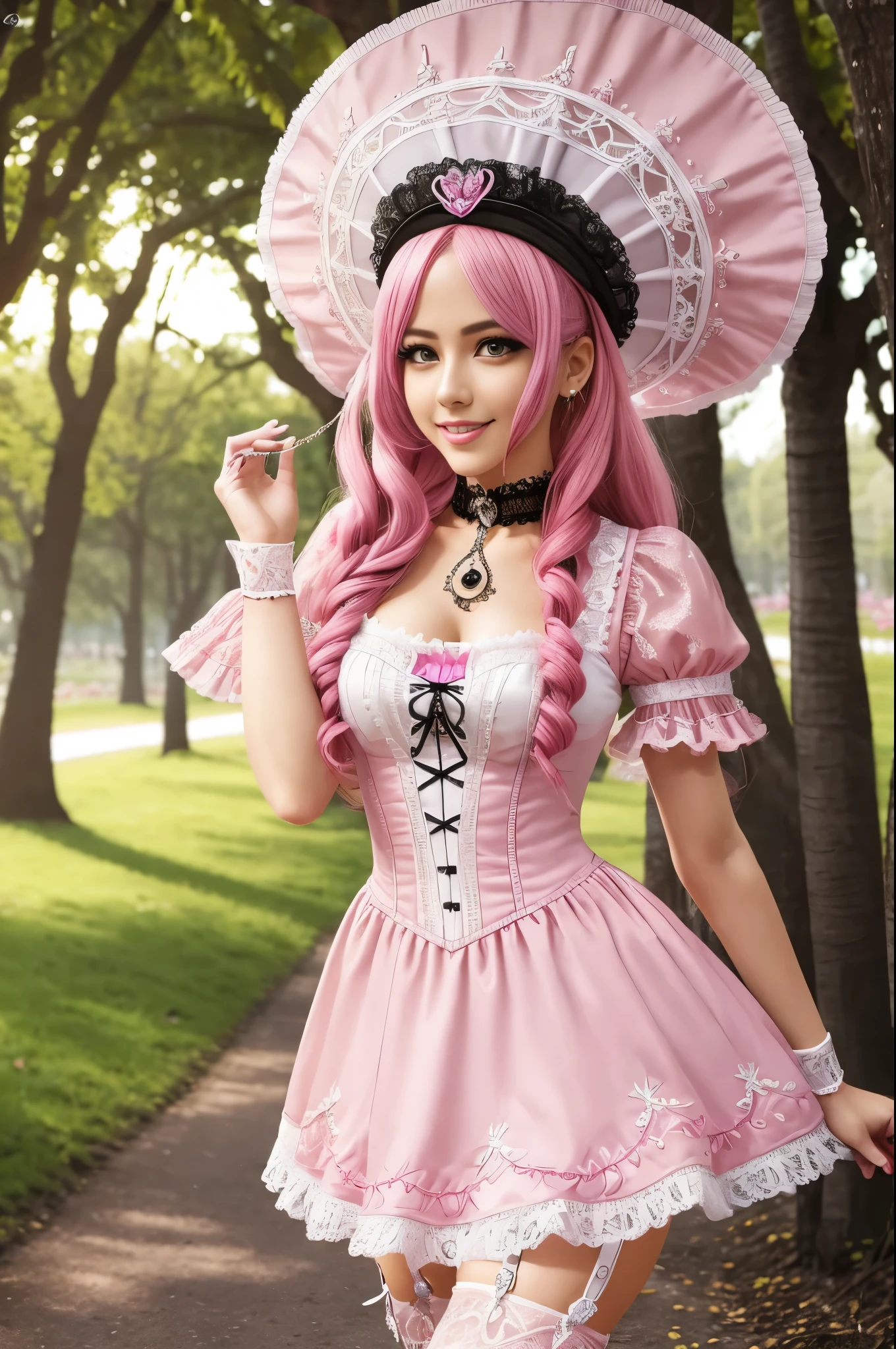 sexy stylish Swedish model, only 1 female, long neon pink stylish hair, very detailed Victorian-Style boots, (big smile), very detailed eyes, lipgloss, long lashes, defined eyebrows, ((sexy Paradise Kiss cosplay)), bell-shaped skirt, petticoats, high neckline, puffed sleeves, (( very detailed lace)), ((very detailed embroidery)), intricate details, Paradise Kiss accessoires and matching headpiece, choker, ((large sparkling Paradise Kiss jewelry)), cinematic light, detailed large park background with trees