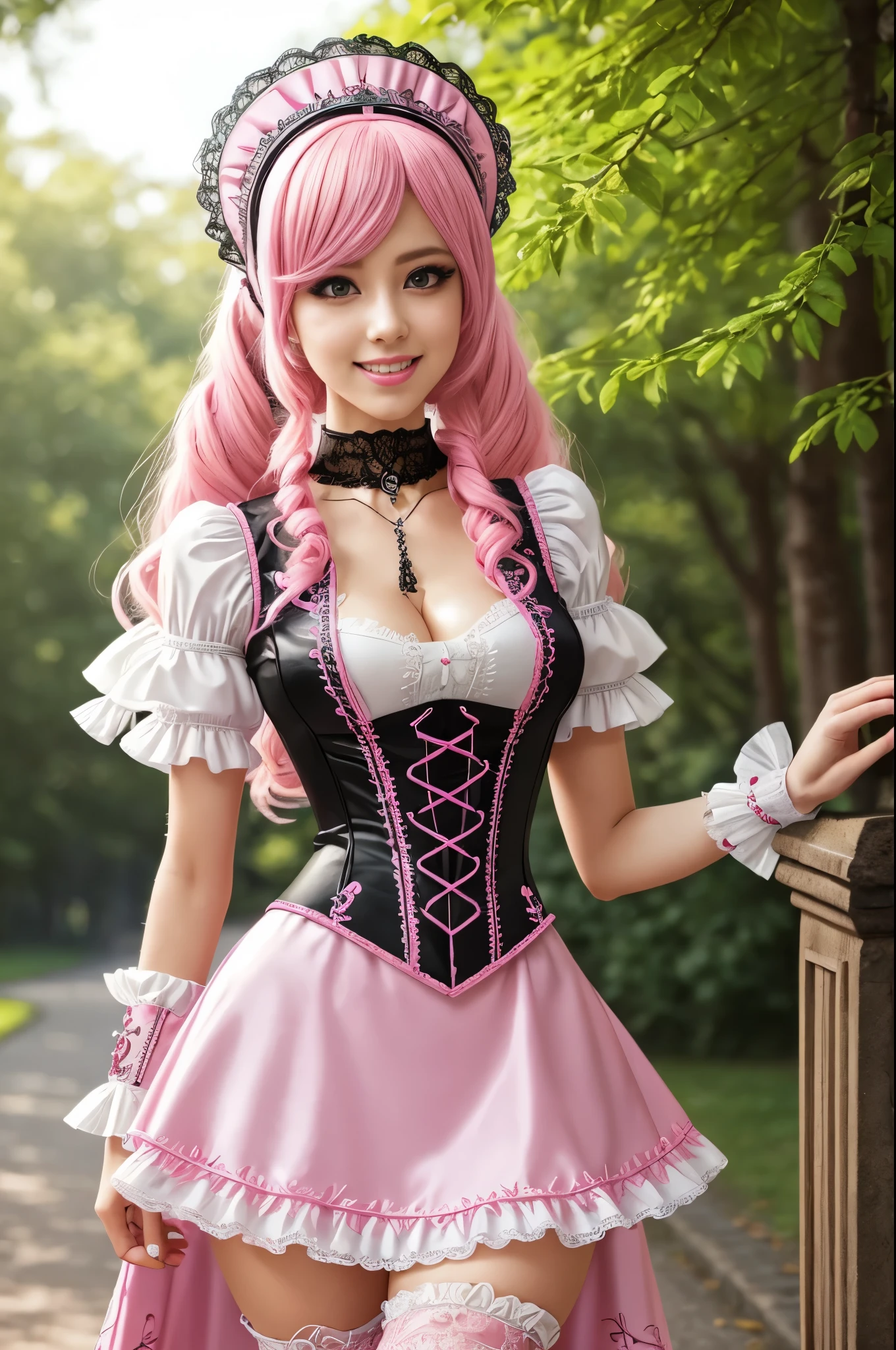 sexy stylish Swedish model, only 1 female, long neon pink stylish hair, very detailed Victorian-Style boots, (big smile), very detailed eyes, lipgloss, long lashes, defined eyebrows, ((sexy Paradise Kiss cosplay)), bell-shaped skirt, petticoats, high neckline, puffed sleeves, (( very detailed lace)), ((very detailed embroidery)), intricate details, Paradise Kiss accessoires and matching headpiece, choker, ((large sparkling Paradise Kiss jewelry)), cinematic light, detailed large park background with trees