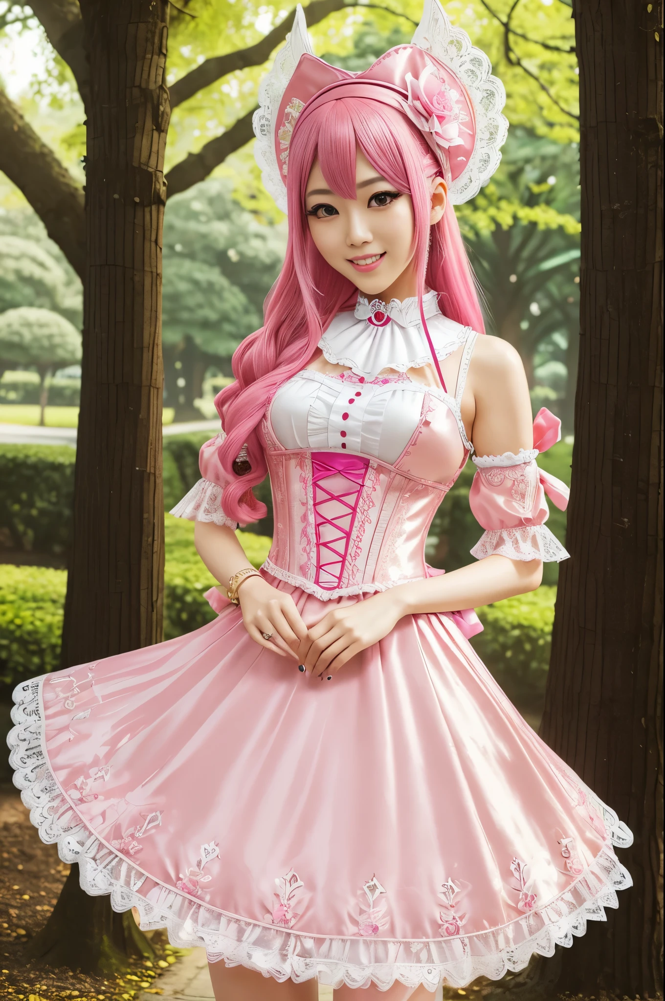 sexy stylish Japanese model, only 1 female, long neon pink stylish hair, very detailed Victorian-Style boots, (big smile), very detailed eyes, lipgloss, long lashes, defined eyebrows, ((sexy Paradise Kiss cosplay)), bell-shaped skirt, petticoats, high neckline, puffed sleeves, (( very detailed lace)), ((very detailed embroidery)), intricate details, Paradise Kiss accessoires and matching headpiece, choker, ((large sparkling Paradise Kiss jewelry)), cinematic light, detailed large park background with trees