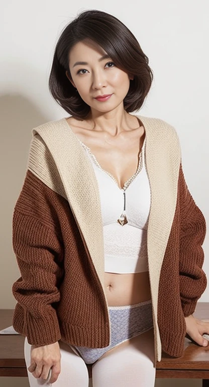 Remove Background, Gravure printing, Facing forward, ((restraint)), Gorgeous makeup, from chest up, On the table, best quality, Super detailed, Practical, Ultra dense skin, Perfect anatomical structure, (1 Japanese), (Solitary), 95 years old, Large Breasts, Adult, charm, Sexy, Pure white skin, Looking at the audience,black underwear black underwear,open knitted coat