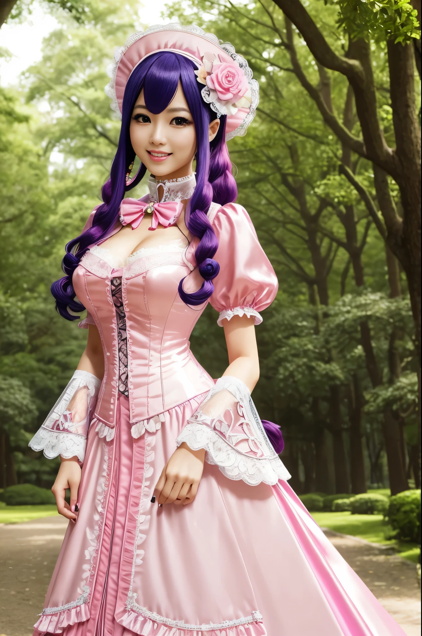 sexy stylish Japanese model, only 1 female, long neon pink stylish hair, very detailed Victorian-Style boots, (big smile), very detailed eyes, lipgloss, long lashes, defined eyebrows, ((sexy Paradise Kiss cosplay)), bell-shaped skirt, petticoats, high neckline, puffed sleeves, (( very detailed lace)), ((very detailed embroidery)), intricate details, Paradise Kiss accessoires and matching headpiece, choker, ((large sparkling Paradise Kiss jewelry)), cinematic light, detailed large park background with trees