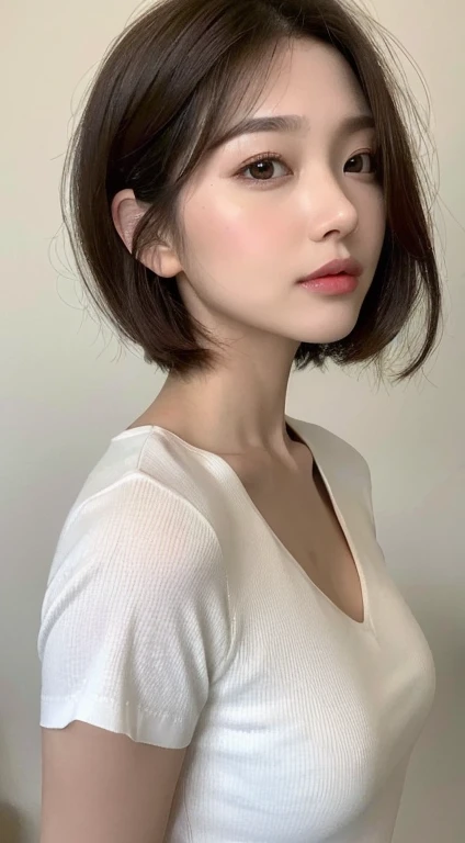 Short Bob White Wall Indoors, fair-skinned, open-mouthed Japanese woman, So cute, Soft and Face, Brown Hair, 8K resolution, Ultra-realistic, Super Definition, Soft Body Tight Ass Night, A cup small ((Highest quality, 8k, masterpiece: 1.3)), Super Definition Face, Super Definition Lips, Fine Eyes, double eyelid profile From the chest up White T-shirt