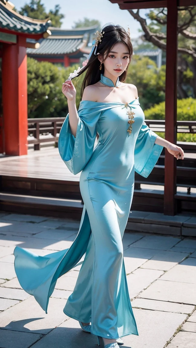 Chinese beauties in Han costume dancing under the pavilion of Tingtai Pavilion,Chinese style,actual eyes,,beautiful skin,Natural Makeup, ,Off-shoulder,Reality,4K,High resolution full body pictures.