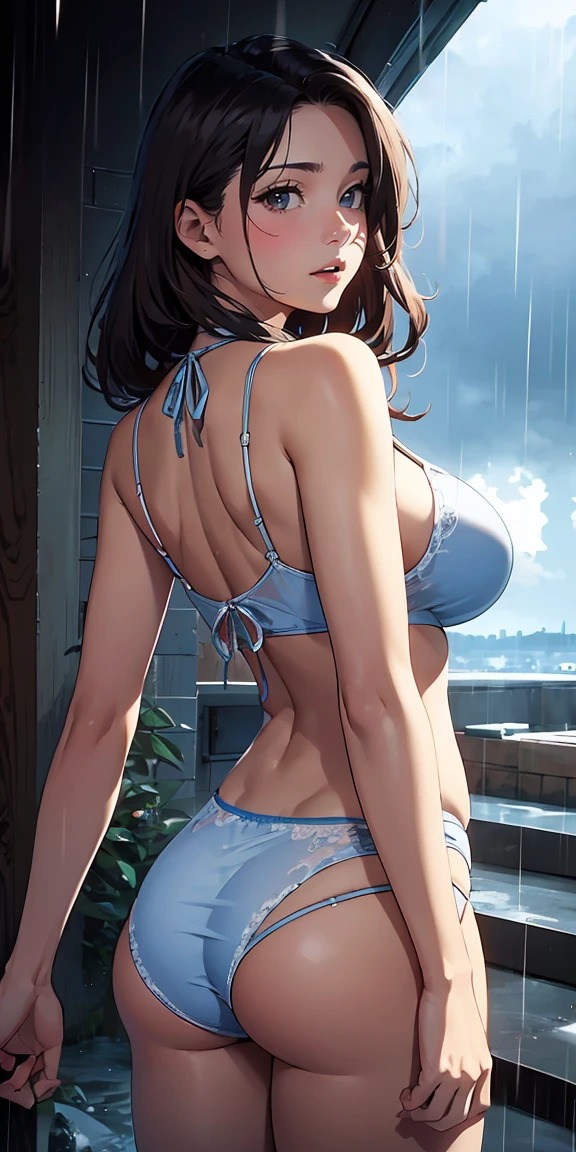 highest quality, Super detailed, (Ultra-high resolution,8K), Ultra-high definition 4K, (Perfect Anatomy, Anatomically correct), (Cute Girls), (Beautiful Eyes), (Detailed eyes), (High-quality facial beauty), (In the Storm:1.2), (Photorealistic), (Detailed big breasts), Soft Skin, Glowing Skin, (Turn your back), (Tight see-through camisole, bikini), Bright lighting, lined up vertically, Very heavy rain, colorful, Goddess-like beauty