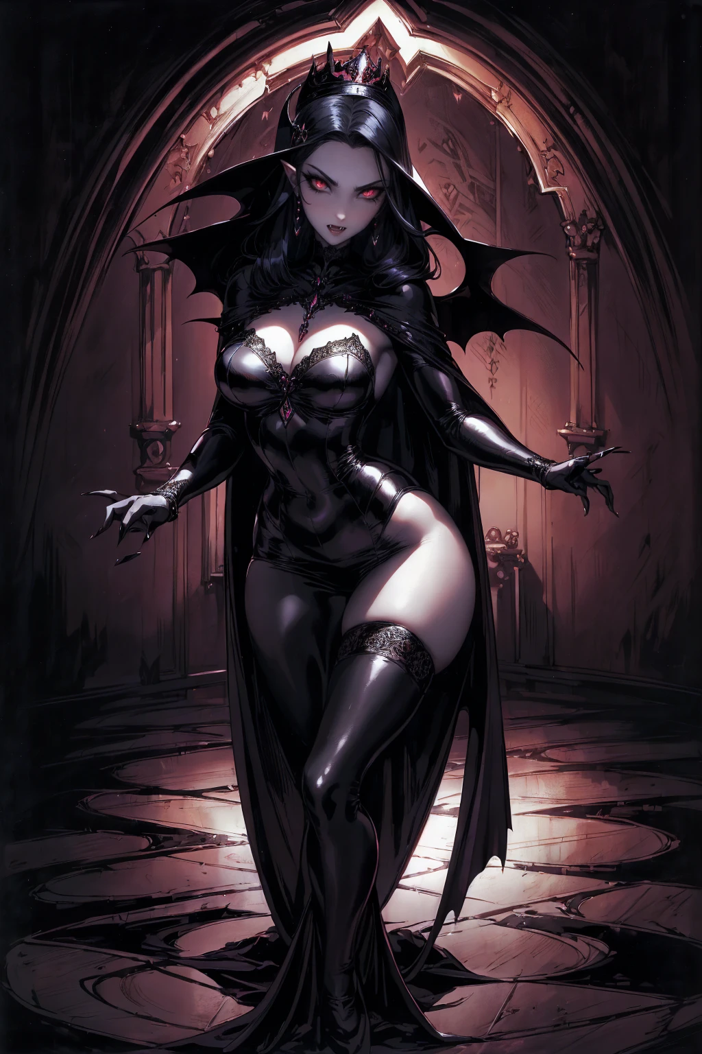 absurdres, ((stunning female Vampire))), goth Renaissance, (long black hair:1.erfect and detailed angular sharp oval shaped face, ((redeyes)), jewelry, red and black tetradic colors, full lips, gothic castle background, (solo), perfect anatomy, approaching perfection, ethereal, intricate details, ultra-high definition, 12k resolution, goth aesthetic, smooth, sharp focus, dreamy, glowing, backlit, glamour, glimmer, fantastical, shadows, smooth, Gothic crown,  perfect hands, dancing lightly