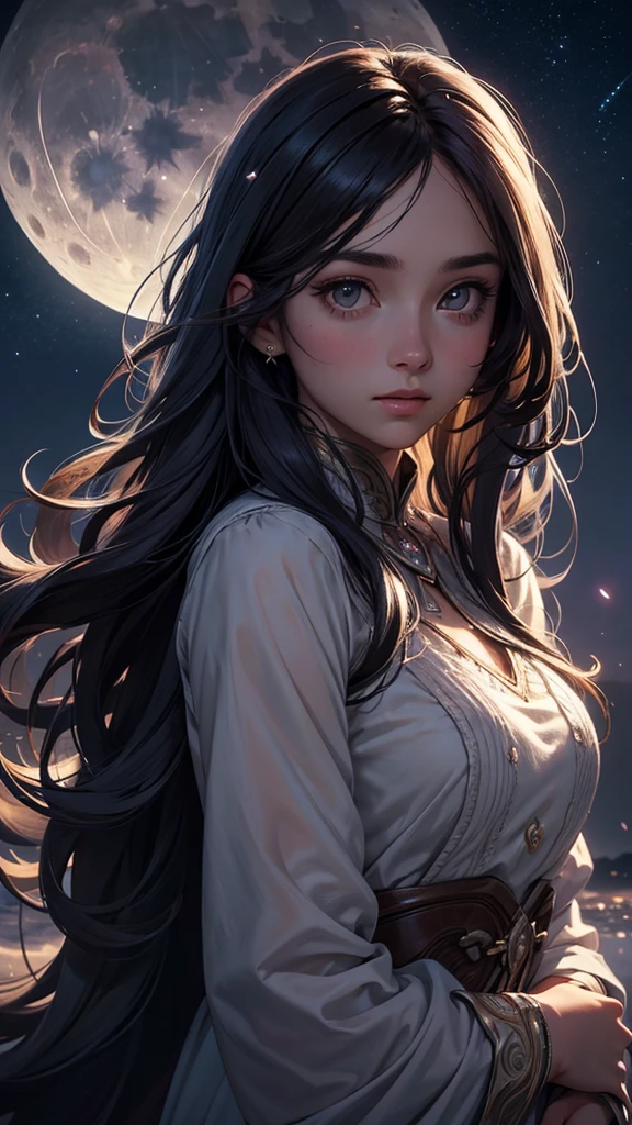 a beautiful night sky, full moon, moonlight, twinkling stars, 1girl down from the sky, long dark hair, dreamy expression, soft lighting, muted colors, atmospheric, cinematic, hyper detailed, intricate, photorealistic, masterpiece, 8k, upper body