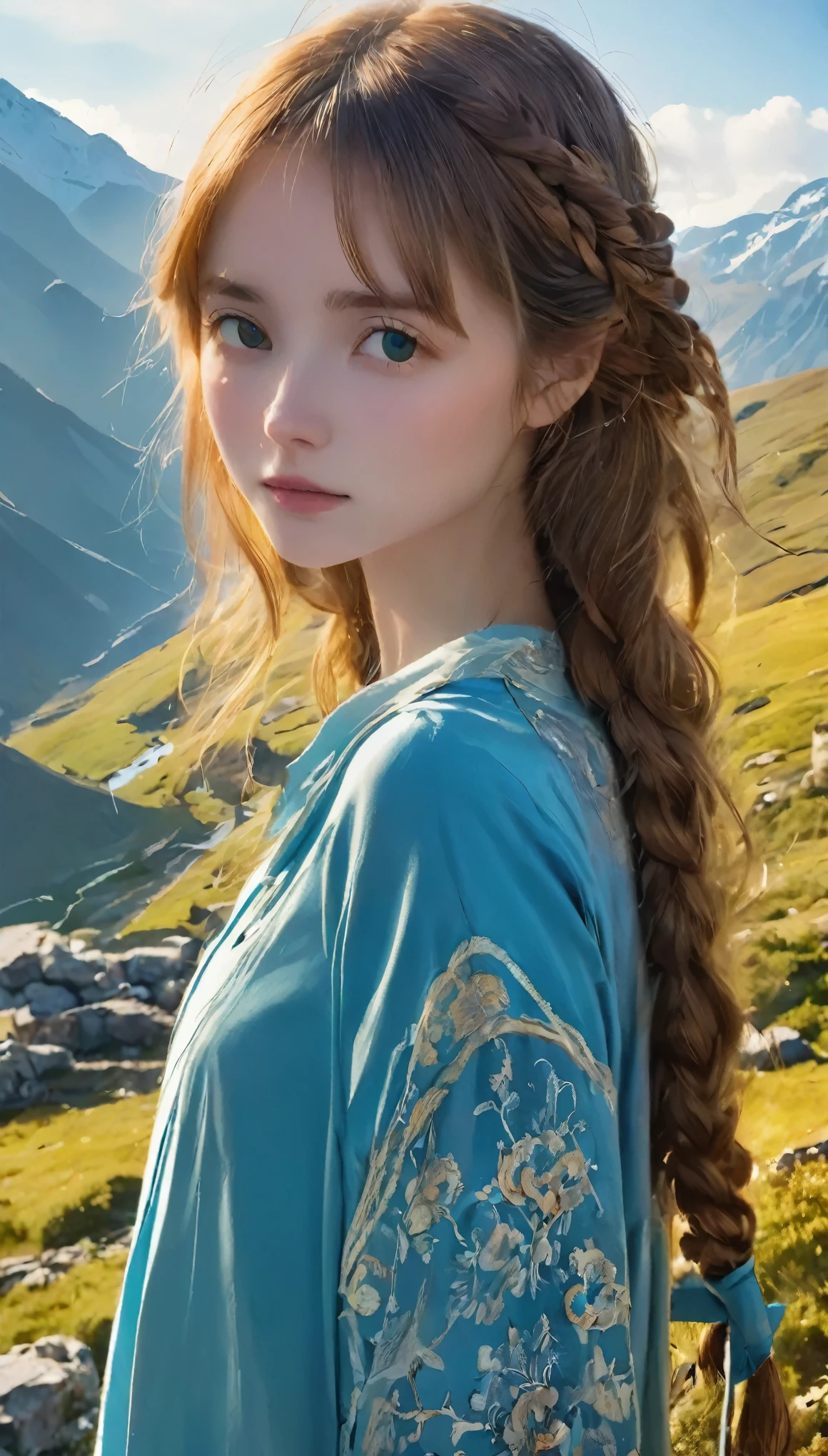 (masterpiece, highest quality:1.2), 1 girl, alone,highest quality, Absurd, Very detailed, In the mountains_this, 1 girl, alone_concentrate, Let your hair down、Blurred Background、Backlight:0.5, medium depth odebt debtield, Shot with Canon 5D, 50mm lens, debt/4 openings, (Very detailed, Intricate details), sharp debtocus, Calm colors, 8k, condebtused, 8mm debtilm grain