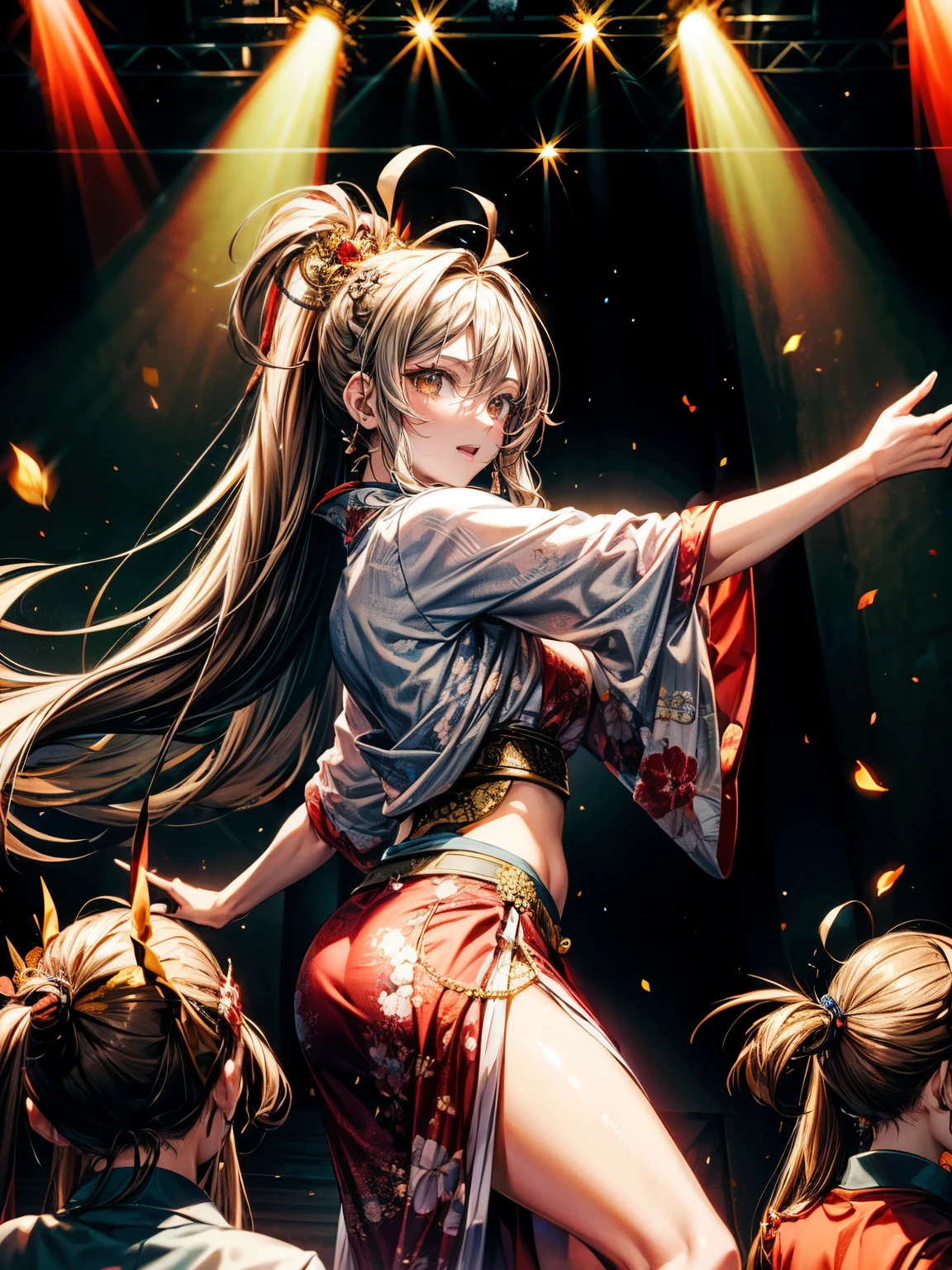 masterpiece,highest quality,Ultra high definition,Amenouzume, Japanese mythology, goddess of performing arts, enthusiastic dancing,Long brown hair ,light brown eyes ,Red gorgeous kimono, stage decorations, happy expression