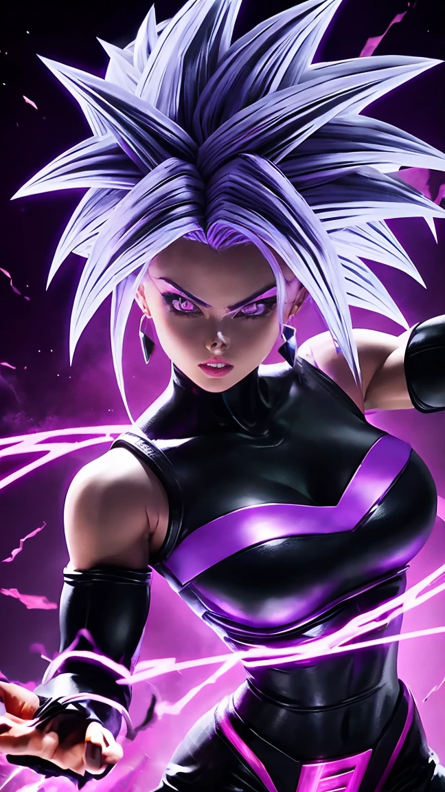 A barbie transforming into a dark super saiyan with purple hair and glowing purple eyes