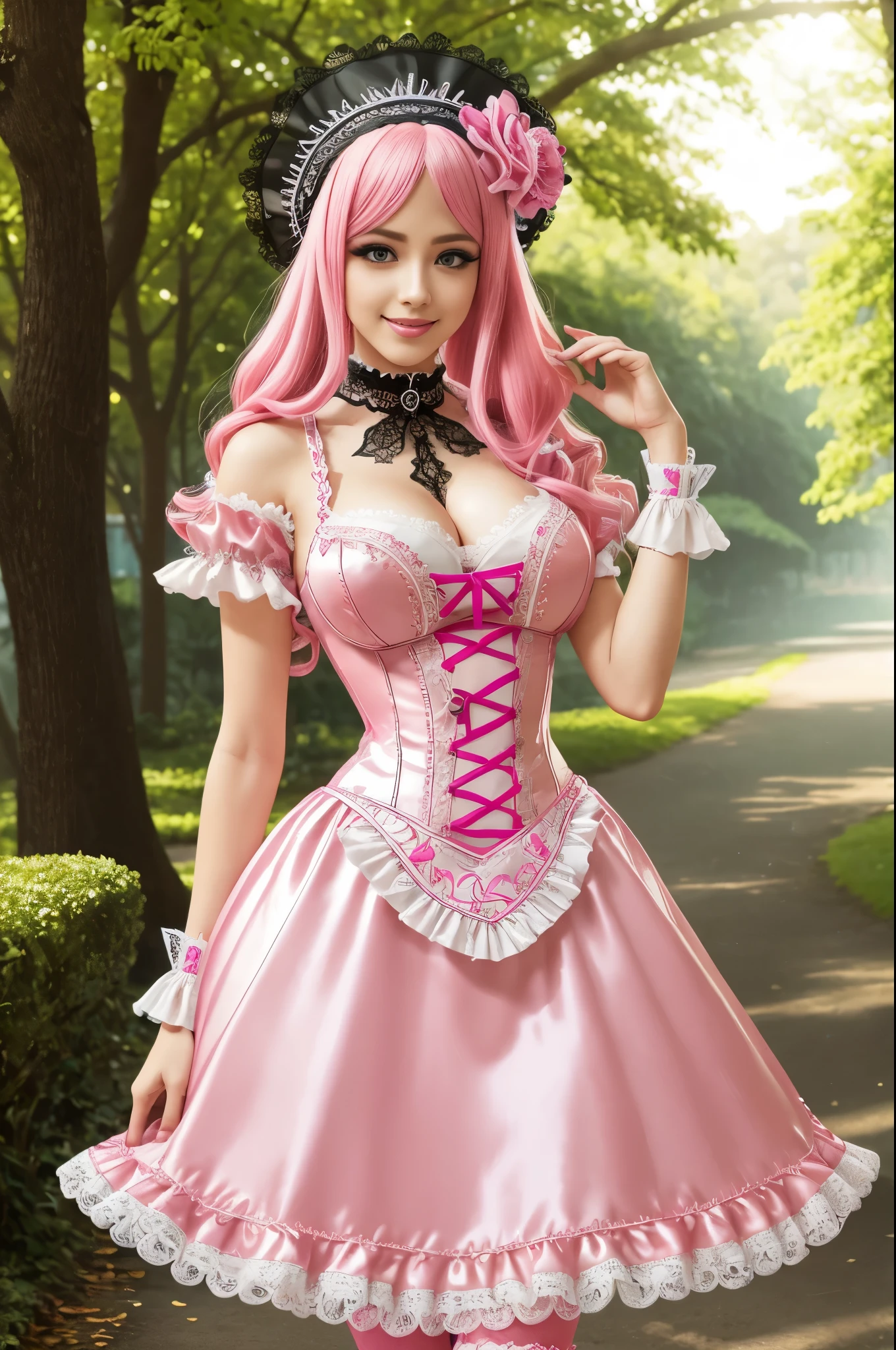 sexy stylish German model, only 1 female, long neon pink stylish hair, very detailed Victorian-Style boots, (big smile), very detailed eyes, lipgloss, long lashes, defined eyebrows, ((sexy Paradise Kiss cosplay)), bell-shaped skirt, petticoats, high neckline, puffed sleeves, (( very detailed lace)), ((very detailed embroidery)), intricate details, Paradise Kiss accessoires and matching headpiece, choker, ((large sparkling Paradise Kiss jewelry)), cinematic light, detailed large park background with trees
