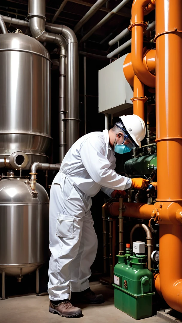 safety working poster, factory,(best quality,highres),industrial,smokestack,chimney,pollution,environment,greenhouse gases,chemical waste,waste disposal,hazardous,waste management,recycling,efficiency,technology,controlled release,contained,machinery,conveyor belt,workers,protective gears,hard hats,safety goggles,chemical suits,lab coats,mask,respirator,sterile,sterilization,sterile environment,steel tanks,pipelines,effluent treatment,organic matter,fermentation process,organic waste,biogas,energy production,biomass,odor control,agriculture,agricultural industry,agricultural impact,fertilizer production,fertilizer usage,soil fertility,agricultural productivity,plant nutrients,chemical composition,manufacturing process,1men wearing white safety helmet and orange wearpack uniform while writing on a logsheet,boiler,package boiler,