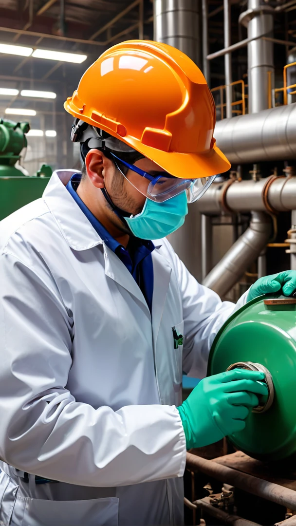 safety working poster, factory,(best quality,highres),industrial,smokestack,chimney,pollution,environment,greenhouse gases,chemical waste,waste disposal,hazardous,waste management,recycling,efficiency,technology,controlled release,contained,machinery,conveyor belt,workers,protective gears,hard hats,safety goggles,chemical suits,lab coats,mask,respirator,sterile,sterilization,sterile environment,steel tanks,pipelines,effluent treatment,organic matter,fermentation process,organic waste,biogas,energy production,biomass,odor control,agriculture,agricultural industry,agricultural impact,fertilizer production,fertilizer usage,soil fertility,agricultural productivity,plant nutrients,chemical composition,manufacturing process,1men wearing white safety helmet and orange wearpack uniform while writing on a logsheet,boiler,package boiler,