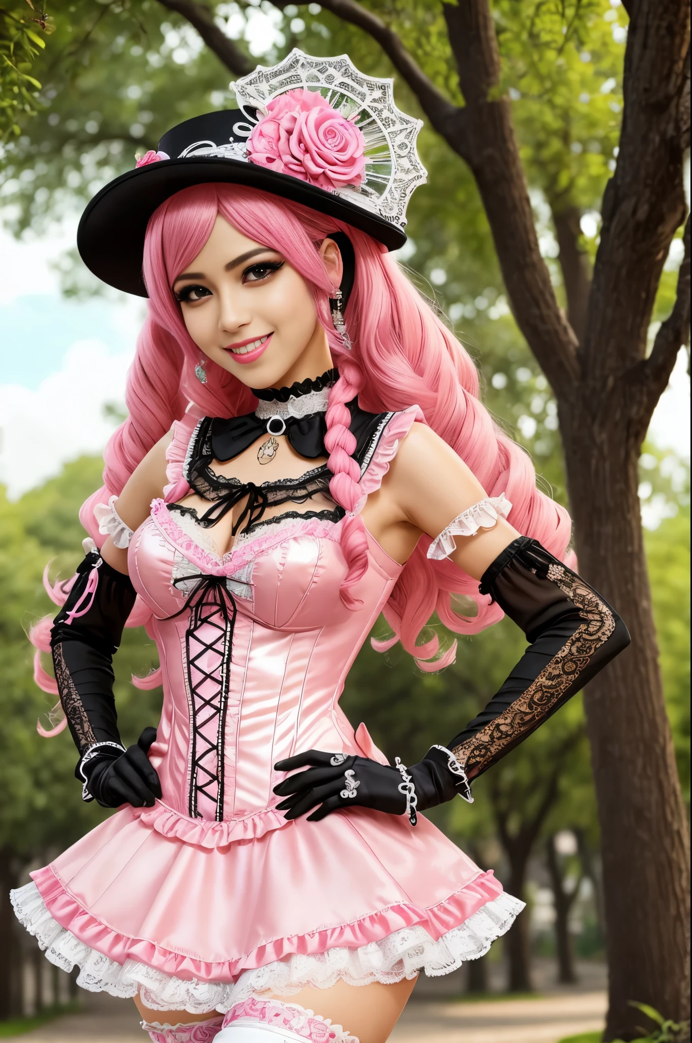 sexy stylish Brazilian model, only 1 female, long neon pink stylish hair, very detailed Victorian-Style boots, (big smile), very detailed eyes, lipgloss, long lashes, defined eyebrows, ((sexy Paradise Kiss cosplay)), bell-shaped skirt, petticoats, high neckline, puffed sleeves, (( very detailed lace)), ((very detailed embroidery)), intricate details, Paradise Kiss accessoires and matching headpiece, choker, ((large sparkling Paradise Kiss jewelry)), cinematic light, detailed large park background with trees