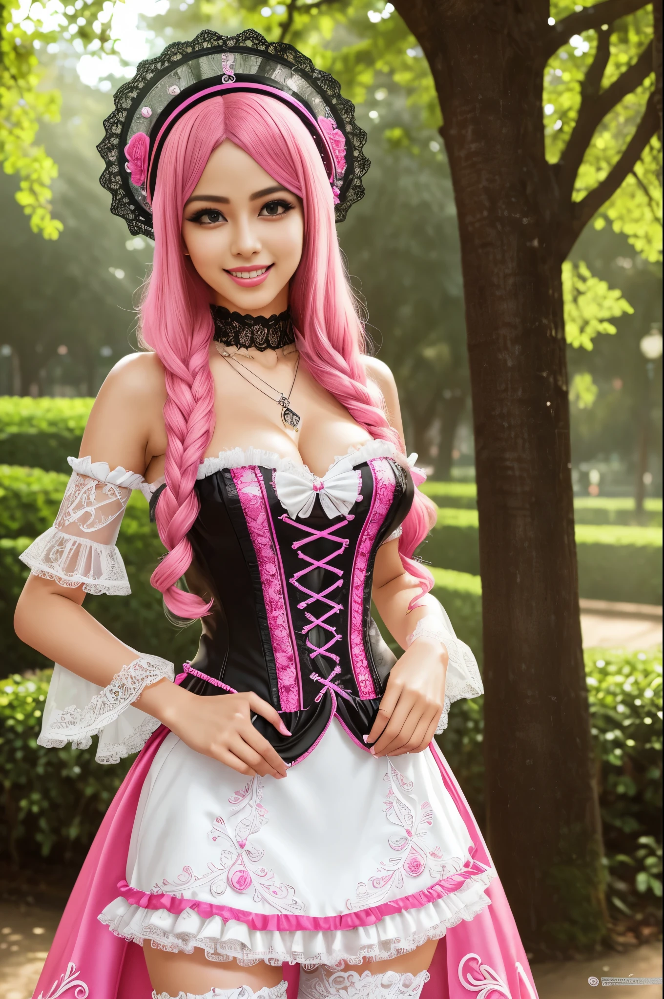 sexy stylish Brazilian model, only 1 female, long neon pink stylish hair, very detailed Victorian-Style boots, (big smile), very detailed eyes, lipgloss, long lashes, defined eyebrows, ((sexy Paradise Kiss cosplay)), bell-shaped skirt, petticoats, high neckline, puffed sleeves, (( very detailed lace)), ((very detailed embroidery)), intricate details, Paradise Kiss accessoires and matching headpiece, choker, ((large sparkling Paradise Kiss jewelry)), cinematic light, detailed large park background with trees