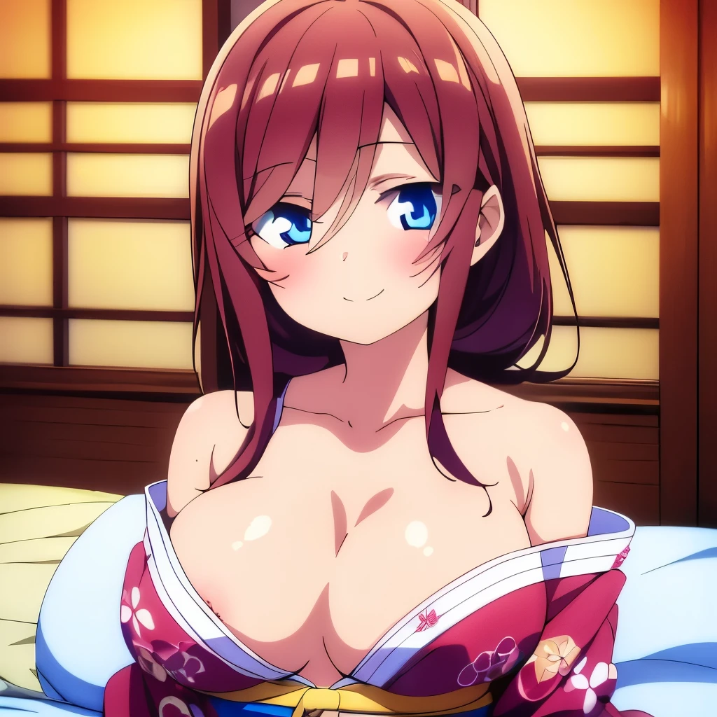 ((masterpiece)), ((best quality)), (ultra-detailed), anime style, on the bed, a cute girl, 1girl, solo, ((beautiful eyes)), smile, kimono, japanese cloth, ((open chest)), ((cute nipples)), small breast
