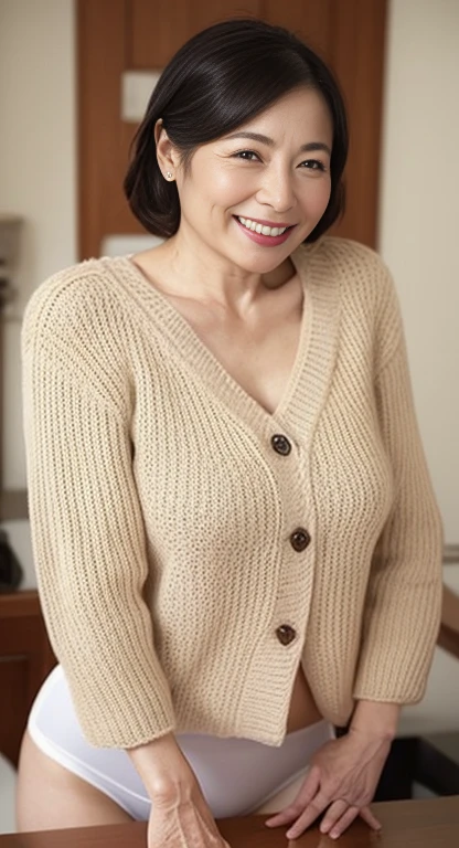 Remove Background, Gravure printing, Facing forward, ((restraint)), Gorgeous makeup, from chest up, On the table, best quality, Super detailed, Practical, Ultra dense skin, Perfect anatomical structure, (1 Japanese), (Solitary), 95 years old, Large Breasts, Adult, charm, Sexy, Pure white skin, Looking at the audience,black underwear black underwear,open knitted coat、high quality、Nice face、溫柔且Sexy、cute、Smiling woman