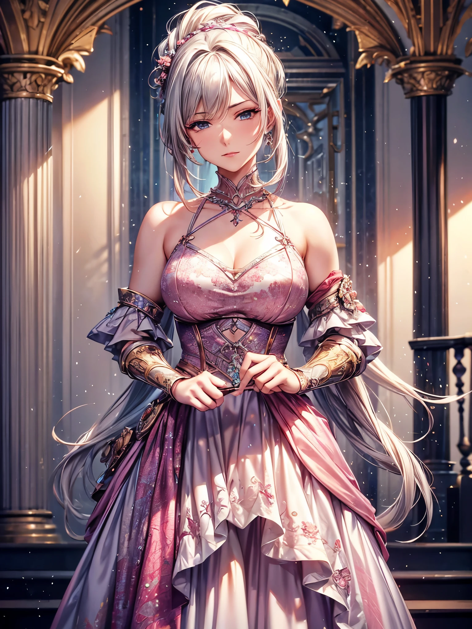 Miss, Serious, warrior, armor, elegant, Pink skirt, Noble, Silver, Long nails, Bare shoulders, hairstyle, hair, Braids and Ponytails, messy, arrogant, absurd, Detailed dress, royalties, celebration, Colorful glitter surrounds the body, Hall decorated with flowers, Cowboy shooting, portrait, (best quality), (masterpiece), (Very detailed), (4K), Octane Render