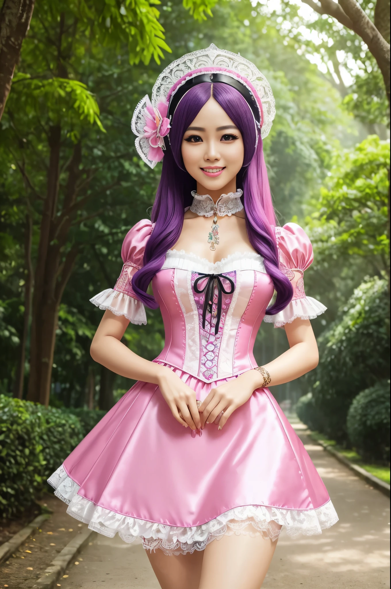 sexy stylish Thai model, only 1 female, long neon pink stylish hair, very detailed Victorian-Style boots, (big smile), very detailed eyes, lipgloss, long lashes, defined eyebrows, ((sexy Paradise Kiss cosplay)), bell-shaped skirt, petticoats, high neckline, puffed sleeves, (( very detailed lace)), ((very detailed embroidery)), intricate details, Paradise Kiss accessoires and matching headpiece, choker, ((large sparkling Paradise Kiss jewelry)), cinematic light, detailed large park background with trees 