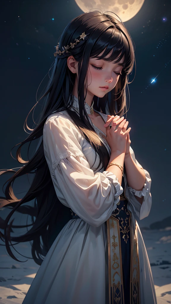a beautiful night sky, full moon, moonlight, twinkling stars, 1girl down from the sky, eyes closed, praying hands, long dark hair, dreamy expression, soft lighting, muted colors, atmospheric, cinematic, hyper detailed, intricate, photorealistic, masterpiece, 8k, upper body