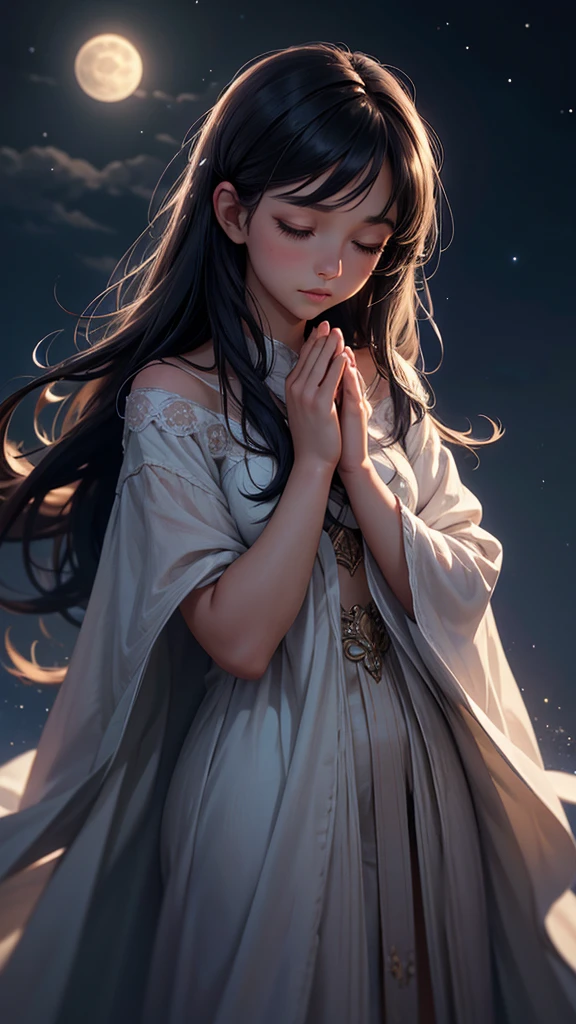 a beautiful night sky, full moon, moonlight, twinkling stars, 1girl down from the sky, eyes closed, praying hands, long dark hair, dreamy expression, soft lighting, muted colors, atmospheric, cinematic, hyper detailed, intricate, photorealistic, masterpiece, 8k, upper body