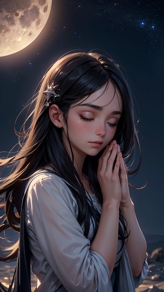 a beautiful night sky, full moon, moonlight, twinkling stars, 1girl down from the sky, eyes closed, praying hands, long dark hair, dreamy expression, soft lighting, muted colors, atmospheric, cinematic, hyper detailed, intricate, photorealistic, masterpiece, 8k, upper body