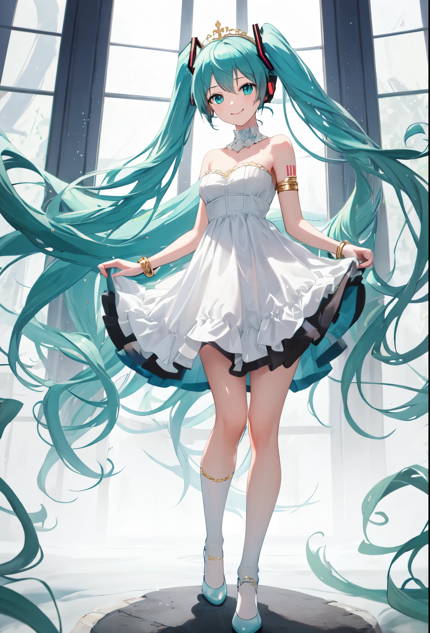 highest quality, masterpiece, High resolution, alone, (Hatsune_Miku_Blue Archive:1.10), One girl, White Dress, Exposing shoulders, smile, Strapless Dress, whole body, View Viewer, Green Hair, Floating Hair, Are standing, White knee socks, bracelet, Green Eyes, See-through dress, Mouth closed, Gold border, Ridiculously long hair, White background, White footwear 