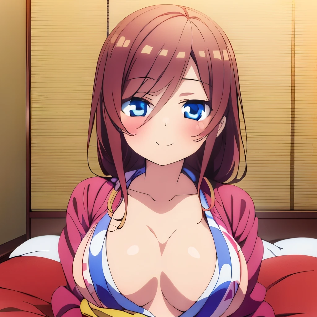 ((masterpiece)), ((best quality)), (ultra-detailed), anime style, on the bed, a cute girl, 1girl, solo, ((beautiful eyes)), smile, kimono, japanese cloth, ((open chest)), ((cute nipples)), small breast