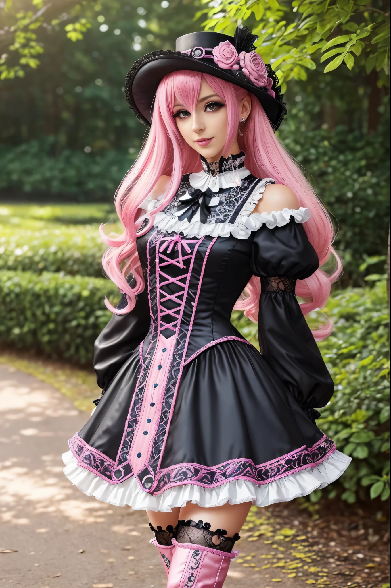 sexy stylish Swedish model, only 1 female, doll-like appearance, long neon pink stylish hair, ((very detailed Victorian-Style boots)), beautiful smile, ultra detailed eyes, vivid eye makeup, lipgloss, long lashes, defined eyebrows, ((sexy Paradise Kiss cosplay)), bell-shaped skirt, petticoats, high neckline, puffed sleeves, (( ultra detailed lace)), ((ultra detailed embroidery)), intricate details, Paradise Kiss accessoires and matching headpiece, choker, ((large sparkling Paradise Kiss jewelry)), cinematic light, detailed large park background with trees