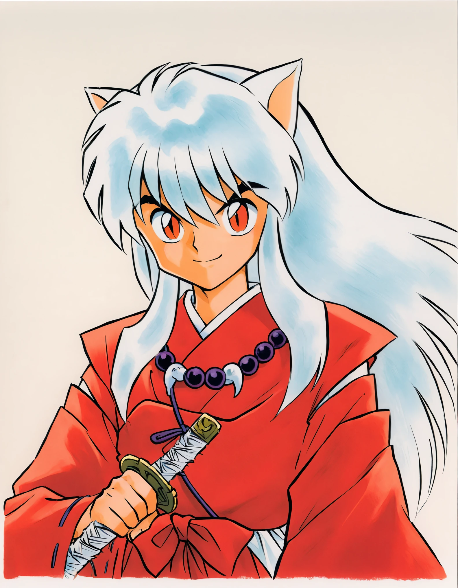 Inuyasha,1boy,animal ears,solo,male focus,long hair,white hair,sword,dog ears,red japanese clothes,jewelry,necklace,smile,white background,simple background,katana,wide sleeves,bead necklace,beads,traditional media,