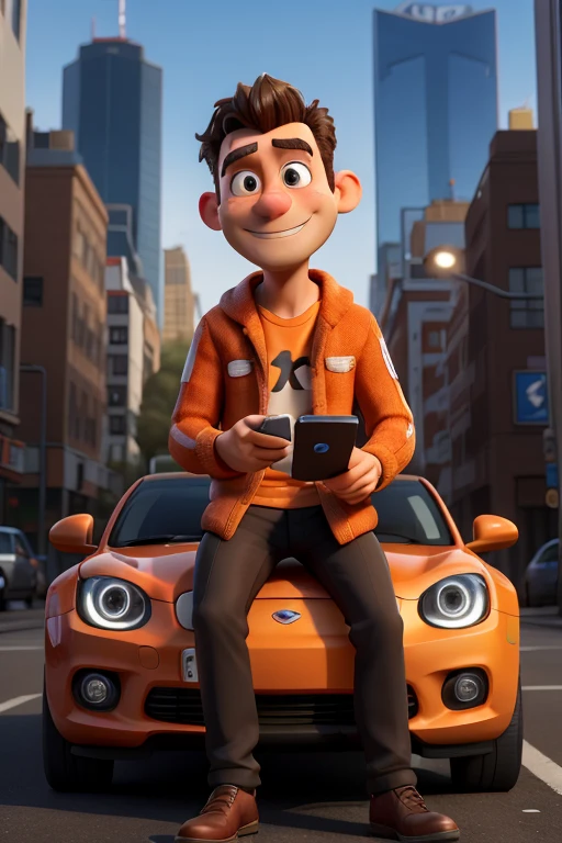 Man sitting in his car happy with mobile in hand in the city with orange and black sports car
