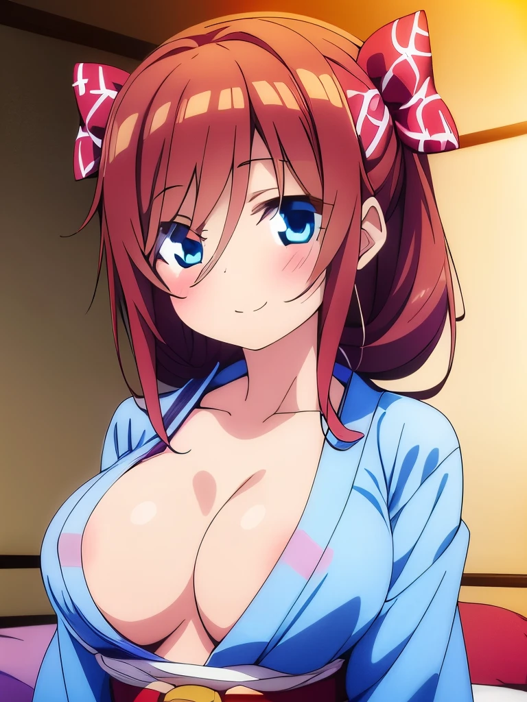 ((masterpiece)), ((best quality)), (ultra-detailed), anime style, on the bed, a cute girl, 1girl, solo, ((beautiful eyes)), smile, kimono, japanese cloth, ((open chest)), ((cute nipples)), small breast