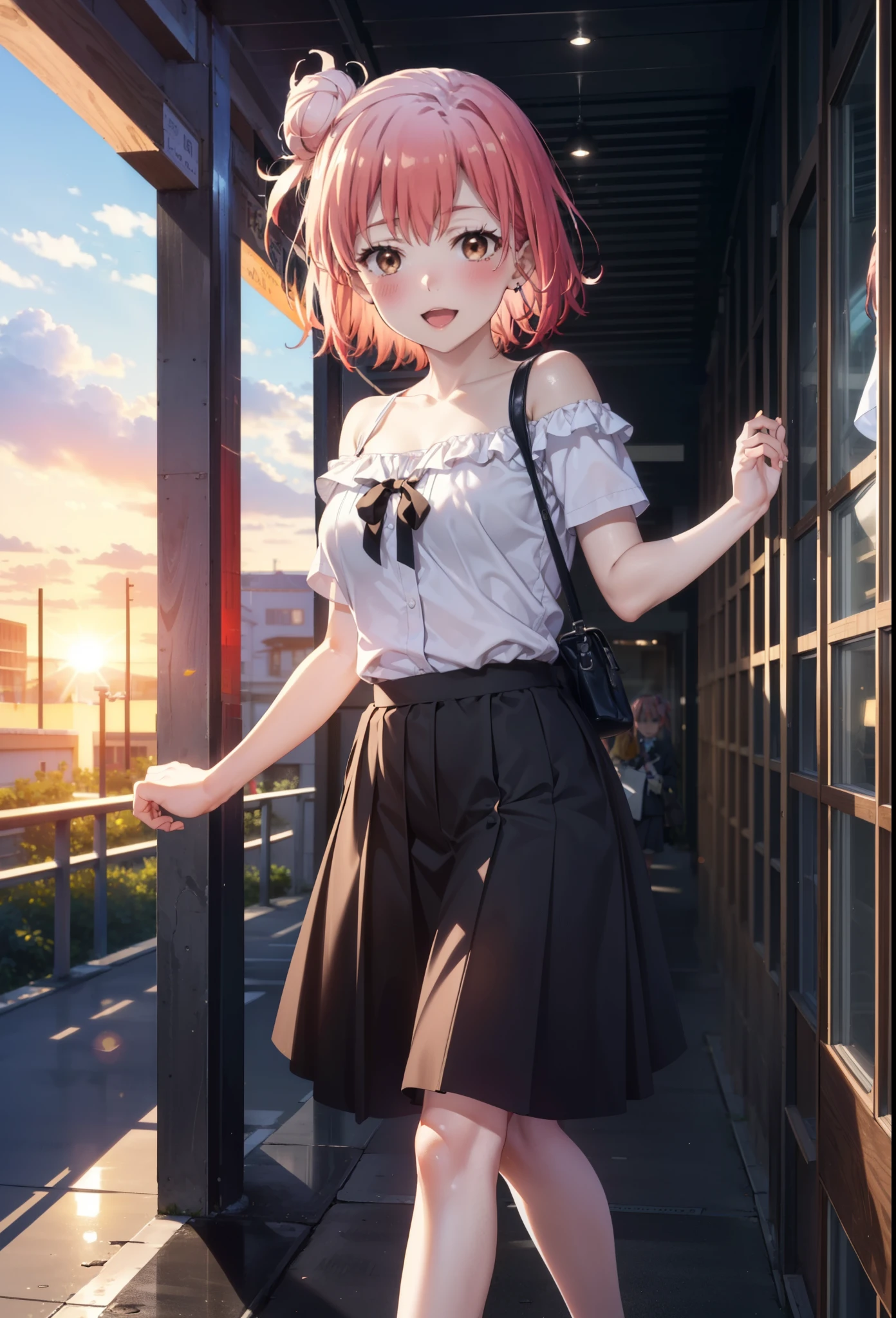 yuiyuigahama, yui yuigahama, short hair, (Brown eyes:1.5), (Pink Hair:1.2), Hair Bun, Big Breasts,single Hair Bun, happy smile, smile, Open your mouth,Cord off-shoulder top,Short sleeve,Long skirt,Stiletto heels,morning,morning陽,The sun is rising,walk,whole bodyがイラストに入るように,morning,morning陽,The sun is rising,On the way to school,
break outdoors, School,School building,
break looking at viewer, whole body,
break (masterpiece:1.2), highest quality, High resolution, unity 8k wallpaper, (shape:0.8), (Beautiful details:1.6), Highly detailed face, Perfect lighting, Highly detailed CG, (Perfect hands, Perfect Anatomy),