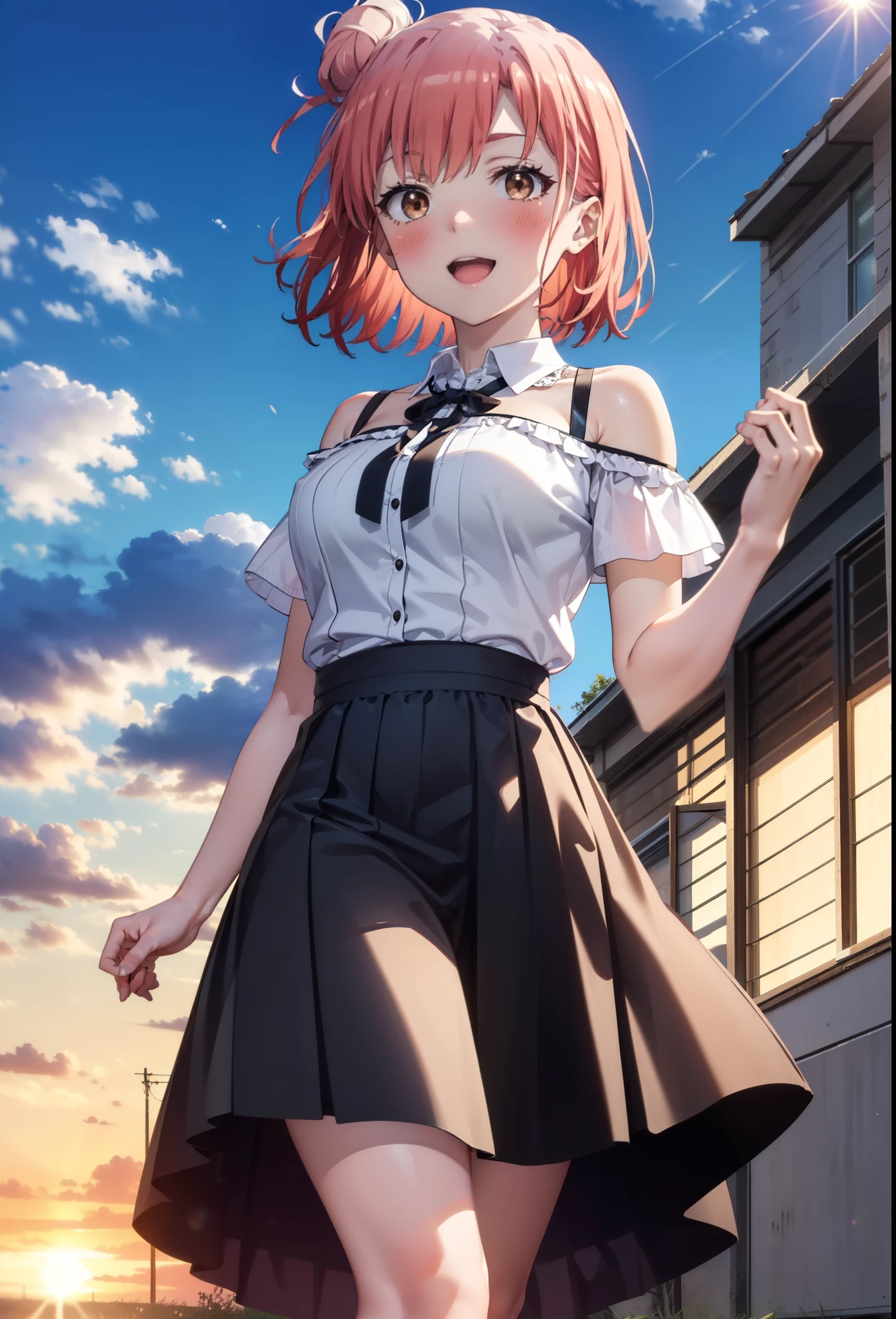 yuiyuigahama, yui yuigahama, short hair, (Brown eyes:1.5), (Pink Hair:1.2), Hair Bun, Big Breasts,single Hair Bun, happy smile, smile, Open your mouth,Cord off-shoulder top,Short sleeve,Long skirt,Stiletto heels,morning,morning陽,The sun is rising,walk,whole bodyがイラストに入るように,morning,morning陽,The sun is rising,On the way to school,
break outdoors, School,School building,
break looking at viewer, whole body,
break (masterpiece:1.2), highest quality, High resolution, unity 8k wallpaper, (shape:0.8), (Beautiful details:1.6), Highly detailed face, Perfect lighting, Highly detailed CG, (Perfect hands, Perfect Anatomy),