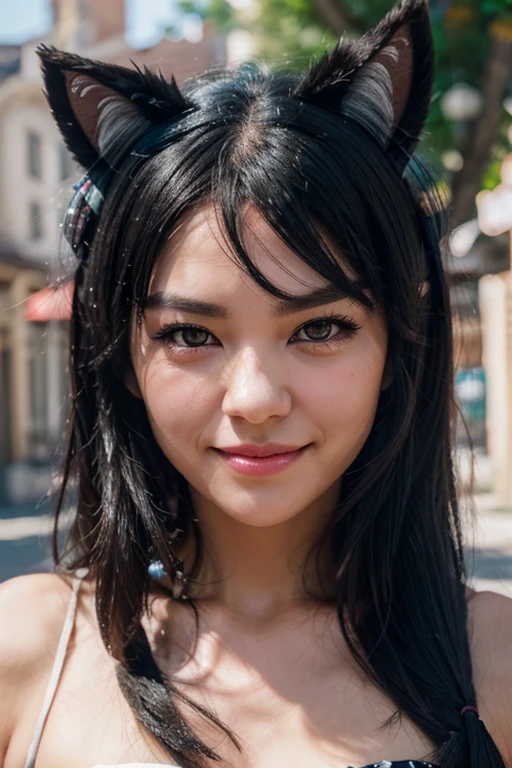 black hair, hair bobbles, wince, longeyelashes, solid circle eyes, fake animal ears, light smile, ear blush, fang, ccurate, Surrealism, drop shadow, anaglyph, stereogram, tachi-e, pov, atmospheric perspective, 8k, super detail, best quality