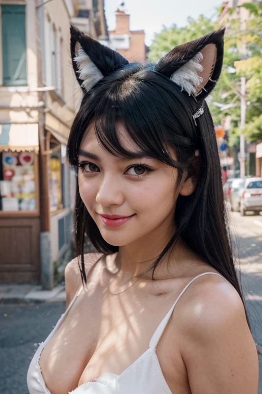 black hair, hair bobbles, wince, longeyelashes, solid circle eyes, fake animal ears, light smile, ear blush, fang, ccurate, Surrealism, drop shadow, anaglyph, stereogram, tachi-e, pov, atmospheric perspective, 8k, super detail, best quality