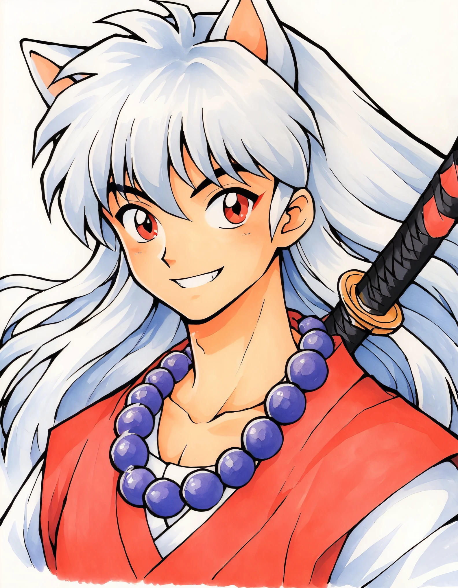 Inuyasha,1boy,animal ears,solo,male focus,long hair,white hair,sword,dog ears,red japanese clothes,jewelry,necklace,smile,white background,simple background,katana,wide sleeves,bead necklace,beads,traditional media,