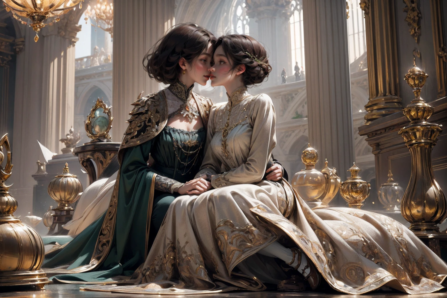 { - anatomy error}(Masterpiece - Ultra-detailed, very high resolution) Prepare to be enchanted by a true masterpiece that combines ultra-detailed art with high-resolution rendering. This work depicts a mesmerizing woman with medium brown hair (1.3) and captivating gray eyes (1.2), emanating an aura of elegance and mystery in Victorian settings. The intricate details and realistic textures invite you to explore every aspect of this enchanting composition. Woman wearing beautiful classic Victorian costume from the year 1878. Red lips. Happy face. Smiling. light green (gold) dress. Laying on the ground, whole body. dynamic poses. Get ready to dive into a world where beauty and craftsmanship merge perfectly, kissing a black man.