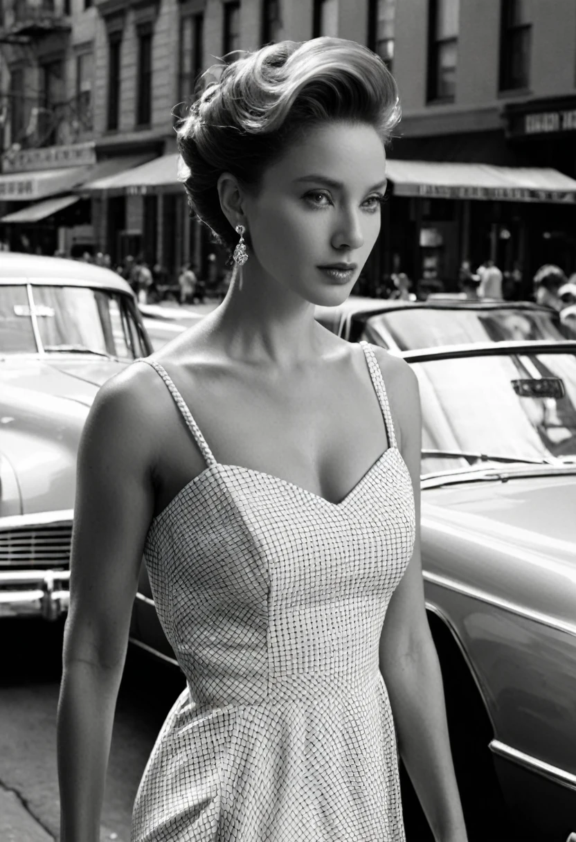 A black and white photo of an elegant woman in the streets of New York, wearing a simple dress with her hair up, posing for the camera, looking to one side, hyperreal photography, sunlight highlights details on her face and body, creating soft shadows that accentuate her features, contemplative expression, wearing large earrings, adding depth to the scene, vintage car, city street in the background