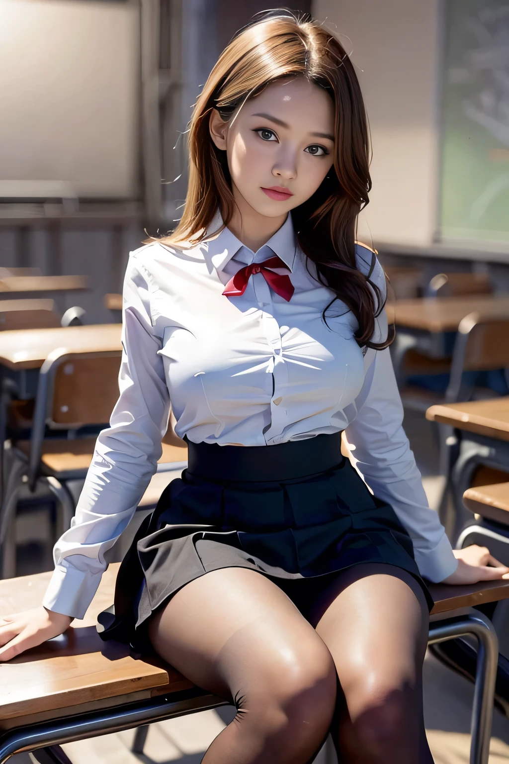 top-quality, masterpiece, high-detail, 16k picture quality, Beautiful , Light brown medium hair, beautiful eyes of light brown, Uniforms, White blouses, Black_pantyhose, White panties showing through pantyhose, plump big breasts, Large breasts that hang down by gravity, blushing, She Looking at the camera, Enraptured look, Opening legs, evening classroom, Bright red sky, Beautiful clouds in madder color,