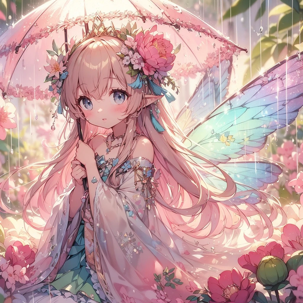 (Exquisite, beautiful, Very detailed, masterpiece, high quality,High resolution),(Well-formed face,Soft and thin lines: 1.2, A mature, beautiful and delicate illustration with a sense of transparency., Pixiv-inspired anime illustration,Cute pastel-colored girl illustrations that go viral among Japanese people on Twitter),A fairy princess with fairy wings is hiding in the large leaves in the rain in the Fairy Forest.,front,Whole body,whole body,rain,Fairy Forest,flower,large leaves,(Transparent fairy wings grow from your back), (Dazzling Smile), (Pearl Tiara, Pearl Earrings, Pearl Choker), A frilly dress with pastel-colored ribbons, lace and ruffles., (Pale pink blush, Plump pink lips,Large Bust,Fair skin, Good style),Bright colors,Eye-catching colors,Dynamic Angles