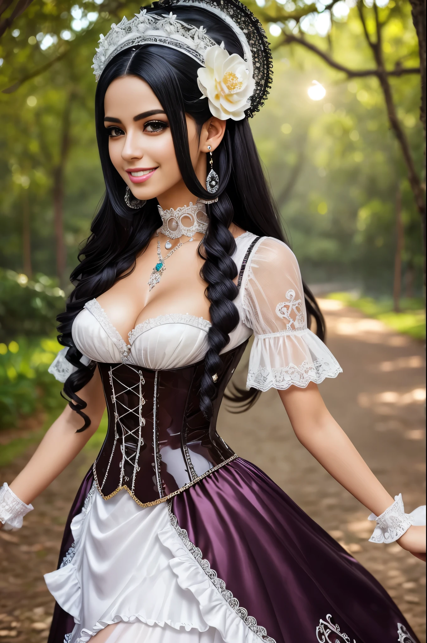 sexy stylish Brazilian model, only 1 female, long stylish hair, very detailed Victorian-Style boots, (big smile), very detailed eyes, lipgloss, long lashes, defined eyebrows, ((sexy Paradise Kiss cosplay)), bell-shaped skirt, petticoats, high neckline, puffed sleeves, (( very detailed lace)), ((very detailed embroidery)), intricate details, Paradise Kiss accessoires and matching headpiece, choker, ((large sparkling Paradise Kiss jewelry)), cinematic light, detailed large park background with trees