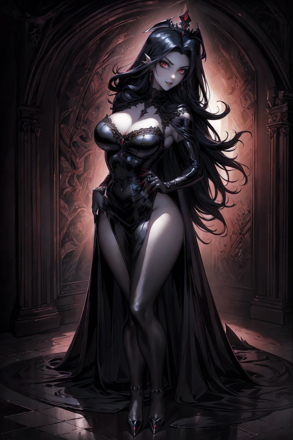 absurdres, ((stunning female Vampire))), goth Renaissance, (long black hair:1.erfect and detailed angular sharp oval shaped face, ((redeyes)), jewelry, red and black tetradic colors, full lips, gothic castle background, (solo), perfect anatomy, approaching perfection, ethereal, intricate details, ultra-high definition, 12k resolution, goth aesthetic, smooth, sharp focus, dreamy, glowing, backlit, glamour, glimmer, fantastical, shadows, smooth, Gothic crown,  perfect hands, dancing lightly